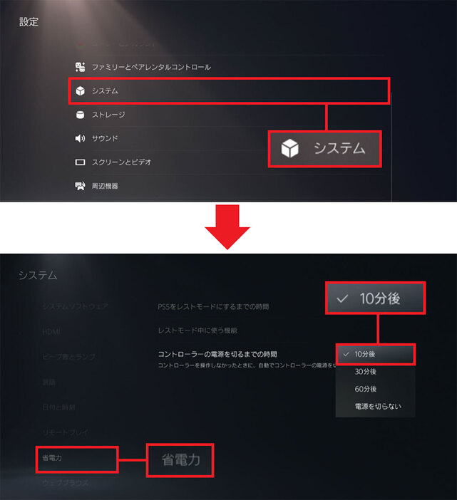 まず、設定から「システム」を選択（上写真）。次に「省電力」を選んで、「コントローラーの電源を切るまでの時間」で、「10分後」に変更しておきましょう（下写真）