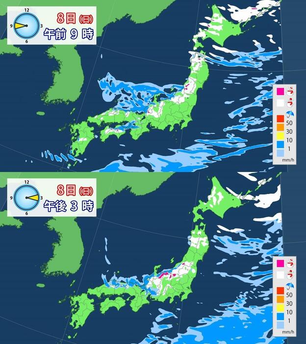 8日(日)午前9時と午後3時の雪・雨の予想