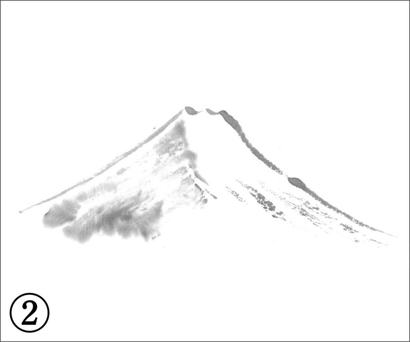 ２）淡墨筆ペンの穂先に水を含ませ、上から下、下から上へと筆を動かし、山肌に淡い影をつける