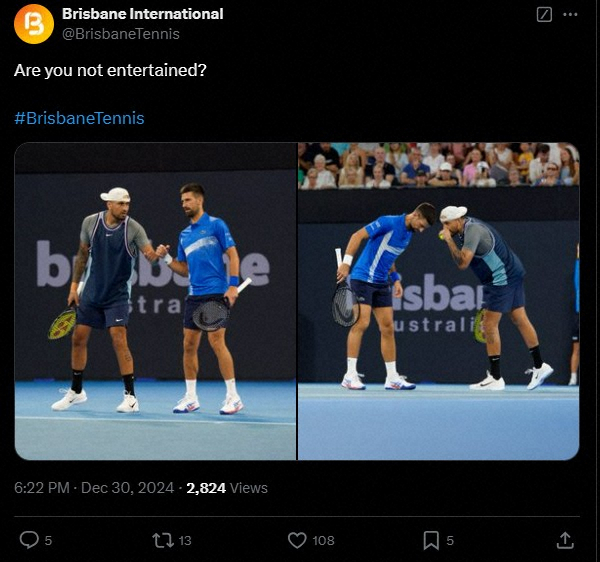 ダブルスでペアを組んだキリオスとジョコビッチ（ブリスベン国際の公式X＝@BrisbaneTennis＝から）