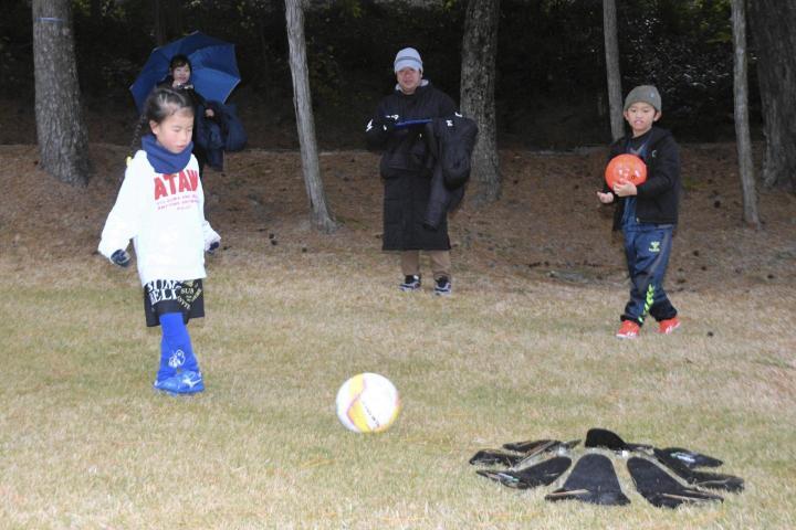 カップを目がけて、慎重にボールを転がす子ども