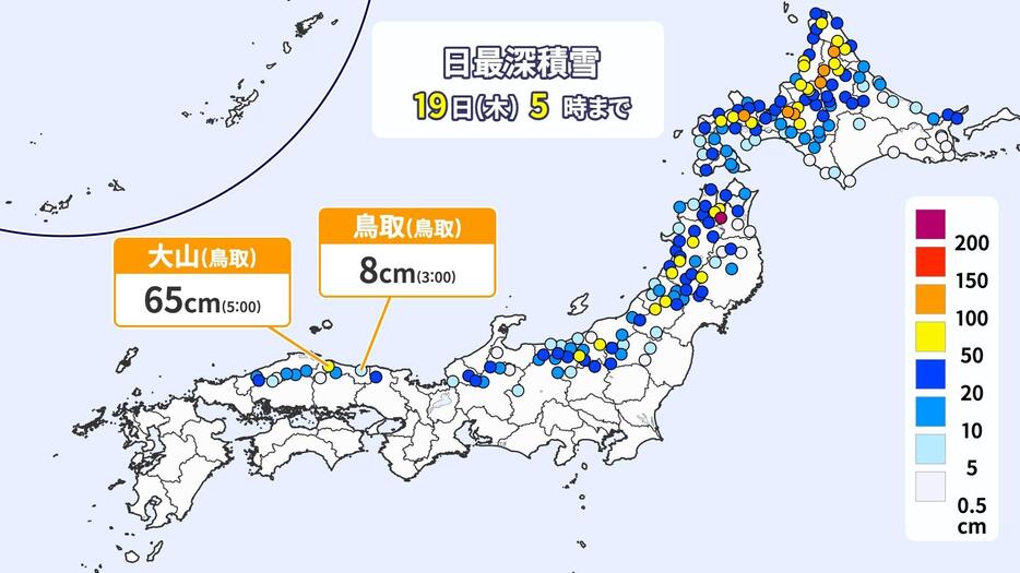 19日(木)午前5時までの日最深積雪