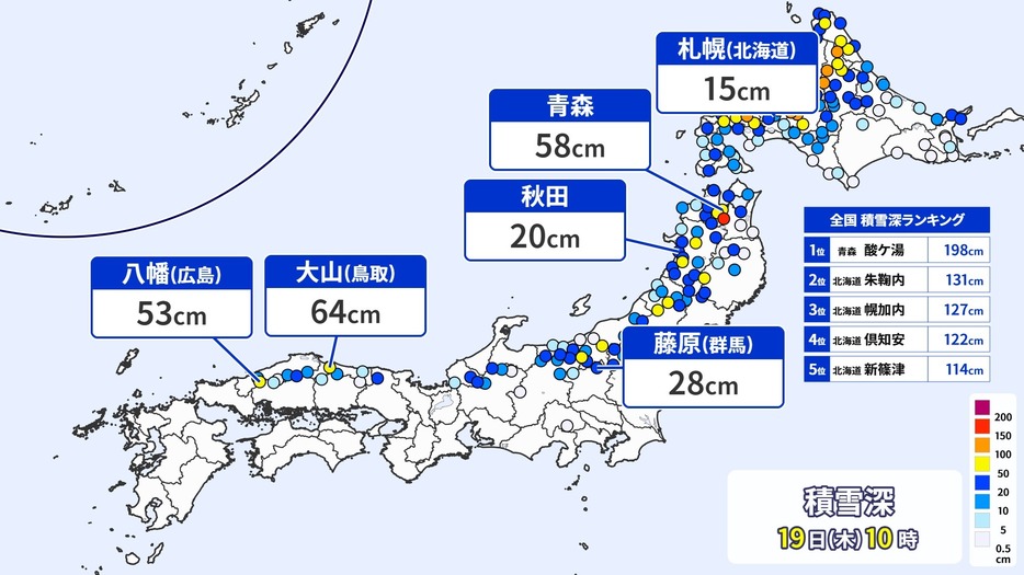 きょう19日の午前10時までの積雪の深さ。