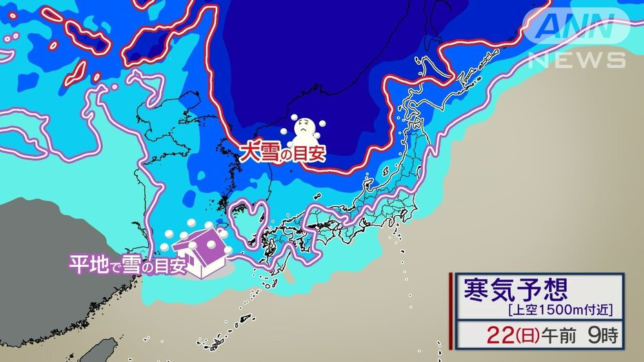 上空寒気の様子　平地で雪の目安となるラインは太平洋側にも