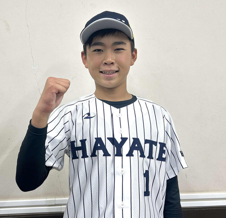 くふうハヤテジュニア対ルートインBCジュニア　2番手で登板し、勝利投手となったくふうハヤテ・桑折（撮影・佐瀬百合子）