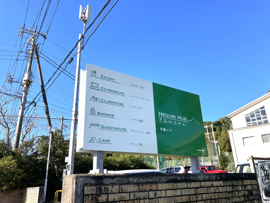 旧平群小学校群の旧平群保育所にオープンしていた複合施設「HEGURI　HUB」の看板