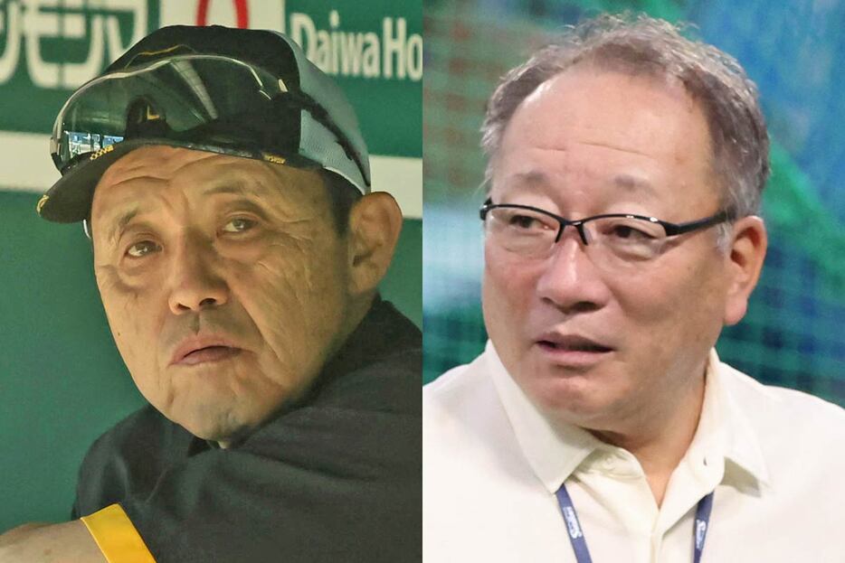 岡田彰布前監督（左）と高木豊氏