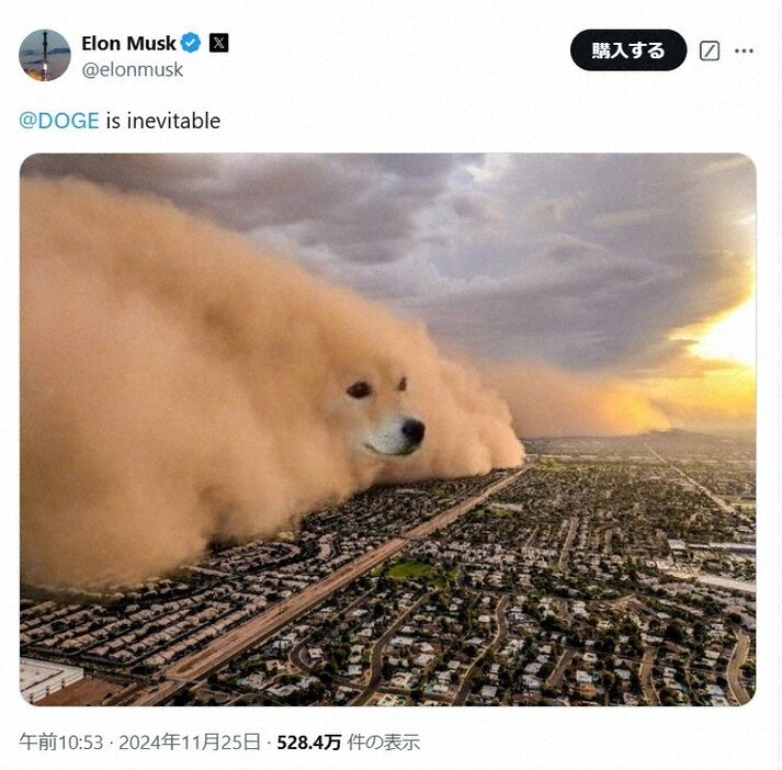 米実業家のイーロン・マスク氏が「DOGEは不可避だ」とのメッセージと共に投稿した合成画像＝Xへの投稿より