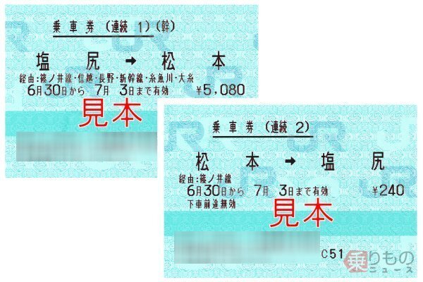 JRの連続乗車券（乗りものニュース編集部所蔵）。