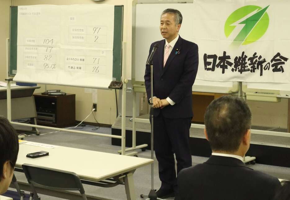 代表選当選後、党勢拡大などに向けて協力を訴えた金子道仁参院議員＝神戸市中央区