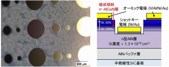 左はAlN SBDの光学顕微鏡写真、右はデバイス構造の断面図［クリックで拡大］ 出所：東京大学、NTT