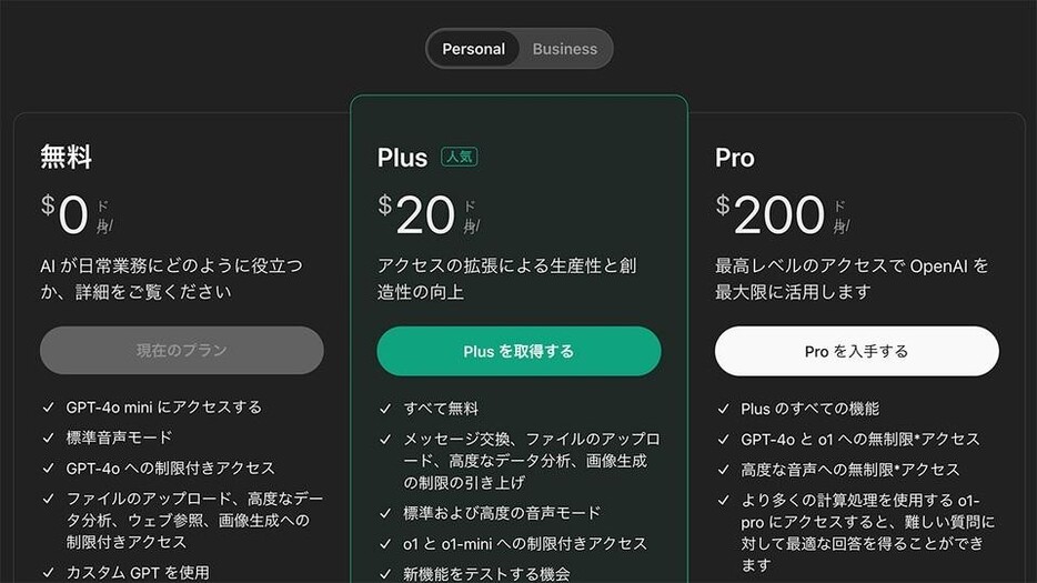 筆者のアカウントでもProプランへの契約導線が即日表示されました。