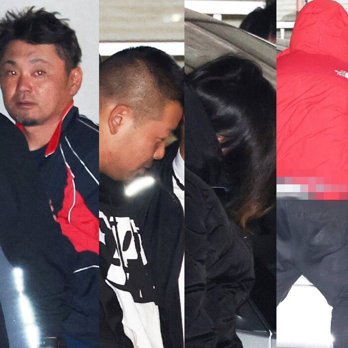 左から佐々木容疑者、島畑容疑者、岩出容疑者、野崎容疑者