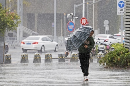 台風「コンレン」の影響で、上海の市民が風を受けながら雨の中を歩く様子（2024年11月1日撮影、資料写真）。