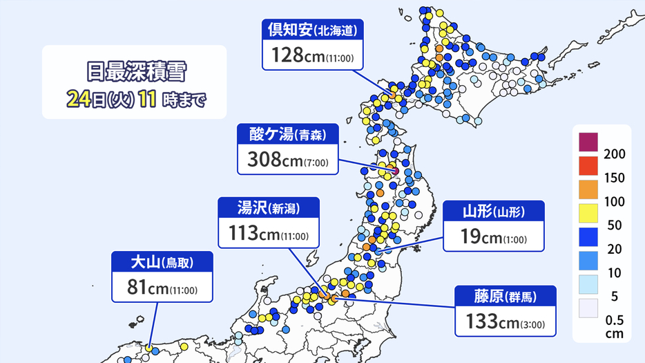 24日(火)午前11時までの日最深積雪