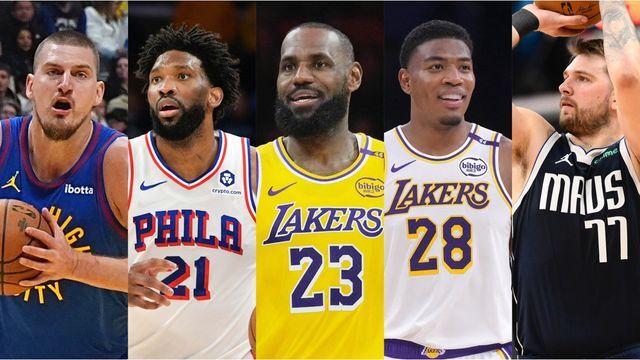 NBAの左からニコラ・ヨキッチ選手、ジョエル・エンビード選手、レブロン・ジェームズ選手、八村塁選手、ルカ・ドンチッチ選手(写真:AP/アフロ)(写真:USA TODAY Sports/ロイター/アフロ)