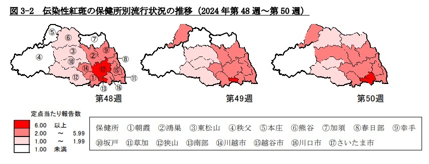 「りんご病（伝染性紅斑）」の埼玉県内保健所別流行状況の推移。第50週が12月15日までの最新データ（埼玉県感染症情報センター発表資料から抜粋）