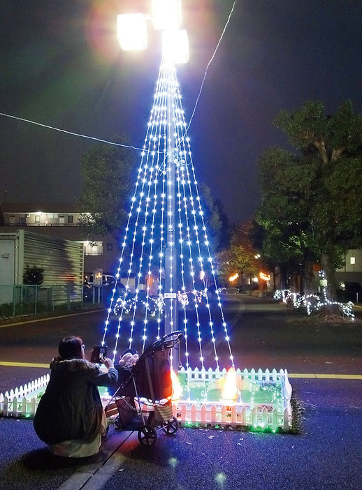 大きなツリーとサンタクロースの電飾で彩られたくすのき通り＝11月26日夕、杉戸町高野台西