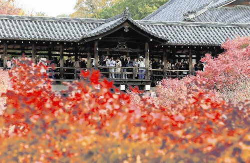 多くの観光客が訪れた東福寺の通天橋（５日、京都市東山区で）＝川崎公太撮影