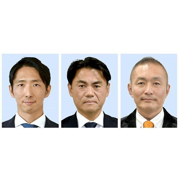 県議補選古河市区　秋山政明氏、森田卓歩氏、小山高正氏(左から)