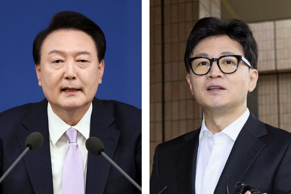 韓国の尹錫悦大統領、与党「国民の力」の韓東勲代表（いずれも聯合＝共同）