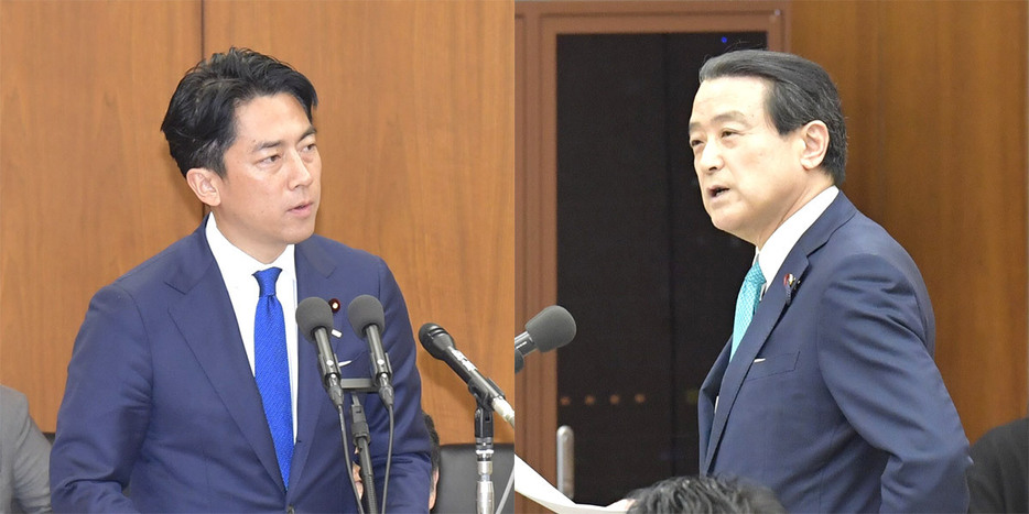 衆院政治改革特別委員会で答弁する小泉氏（左）と質問を浴びせる江田氏＝１２日、国会