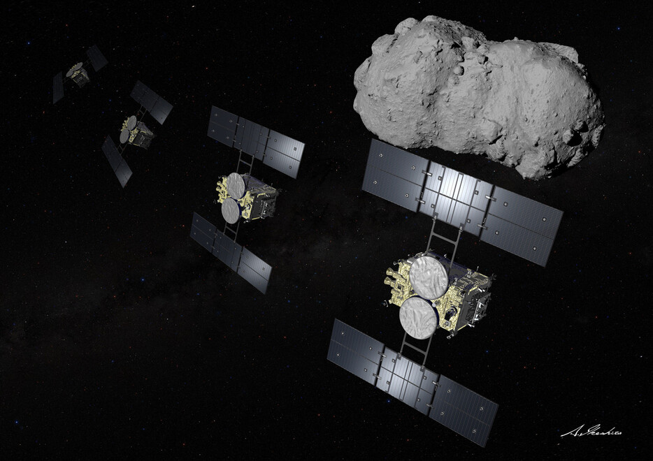 探査機「はやぶさ２」が２０２６年７月に予定している小惑星「トリフネ」の通過観測（フライバイ）想像図（ＪＡＸＡ提供、（Ｃ）池下章裕氏）