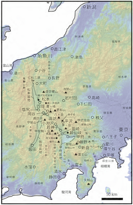 ナウマンが定義したフォッサマグナ地域の範囲(背景の地形図:国土地理院電子国土・彩色地図より)