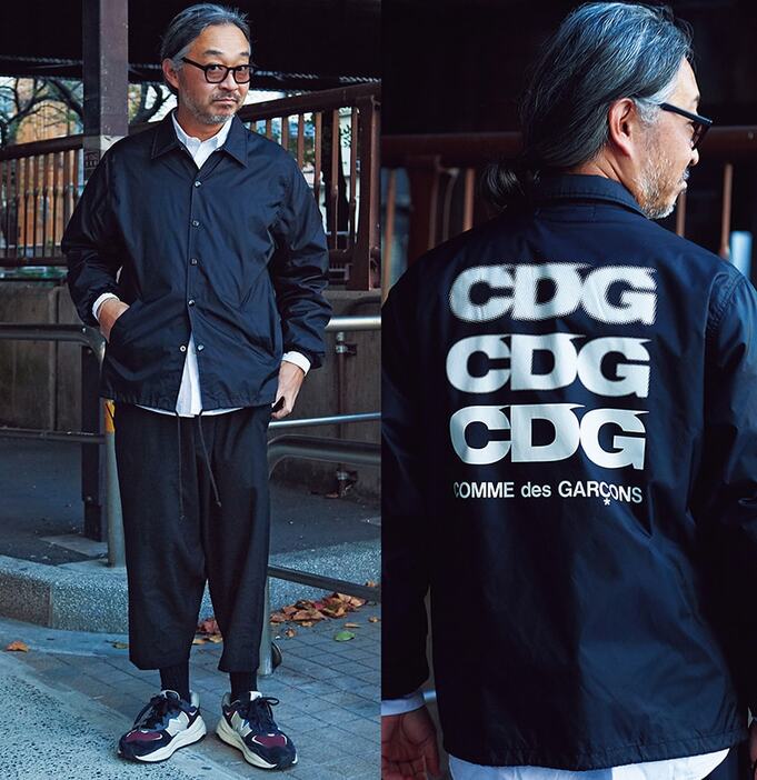 ジャケット＝CDG　パンツ＝ブラック コム デ ギャルソン　シャツ＝無印良品　スニーカー＝ニューバランス　ブレスレット＝マサトイノウエ