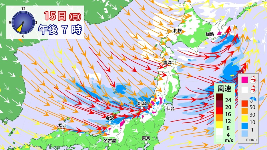 15日(日)午後7時の雨雪・風の予想