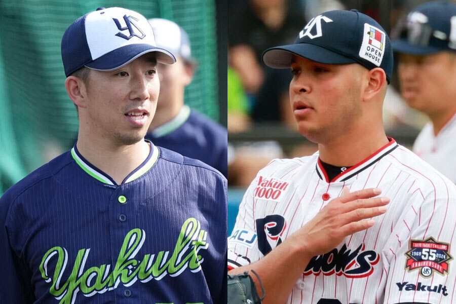 ヤクルト時代の今野龍太（左）とミゲル・ヤフーレ【写真：小林靖、小池義弘】