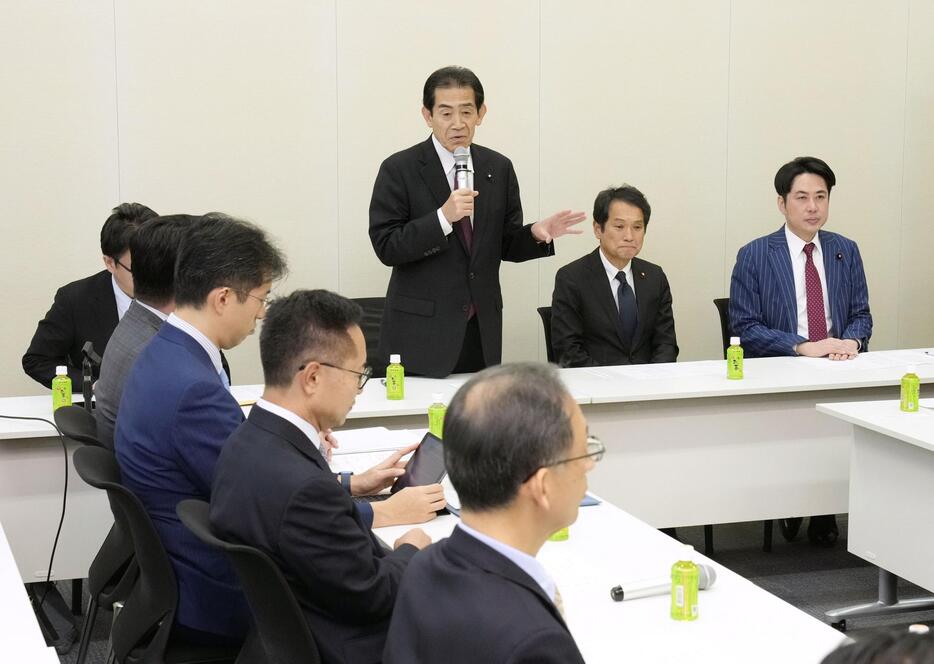 与野党による選挙運動の法的な課題を話し合う協議会の初会合。右から3人目は発言する自民党の逢沢一郎選挙制度調査会長＝23日午後、国会