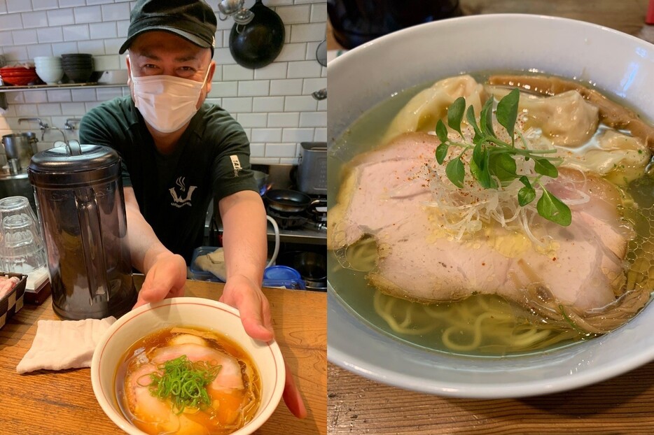 ▲ 「トイ・ボックス」の店主・山上さん（左）とワンタン塩ラーメン