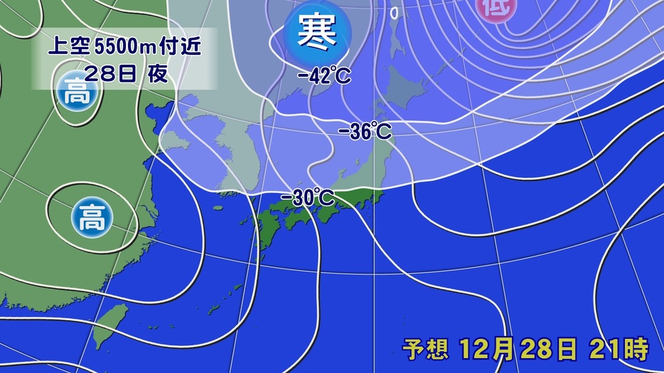 28日夜の予想天気図と上空の寒気の予想