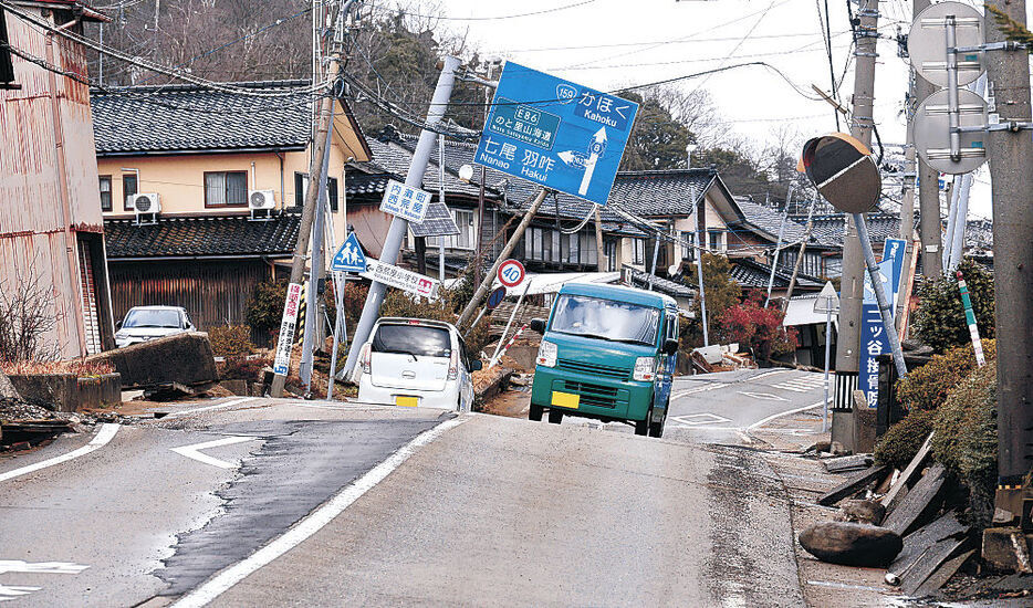 能登半島地震の液状化で波打った県道松任宇ノ気線＝１月１５日、内灘町西荒屋