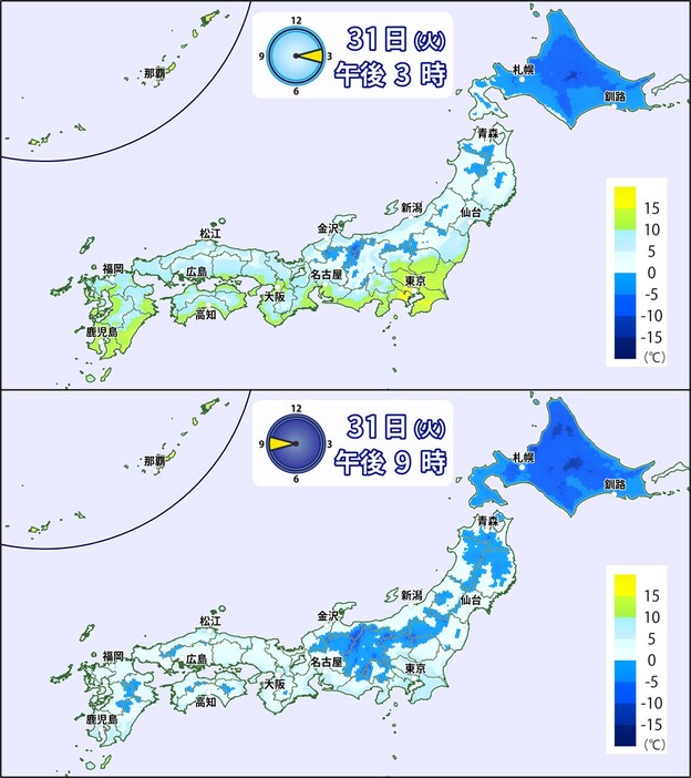 31日(火)午後3時と午後9時の気温予想