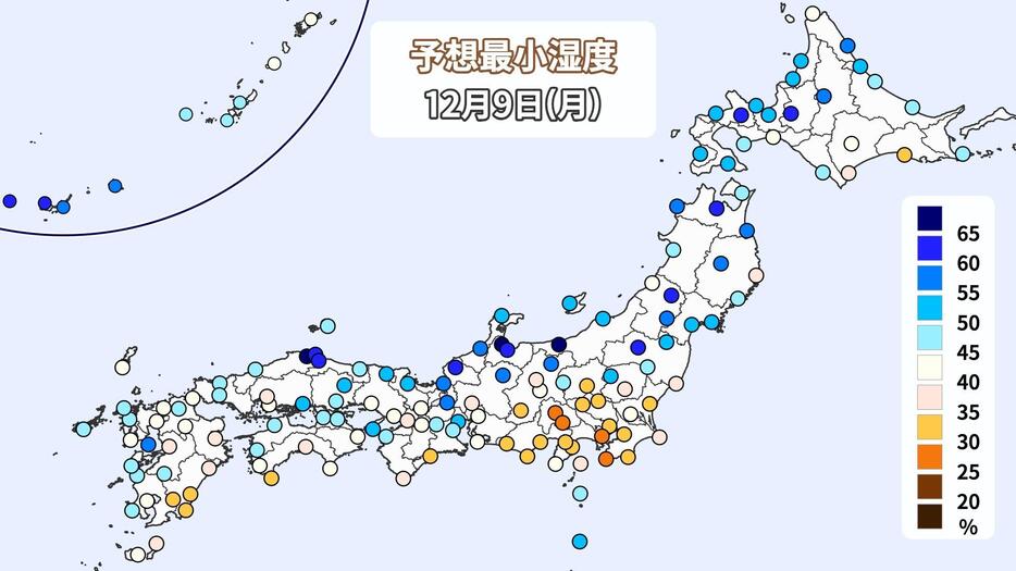 9日(月)の予想最小湿度