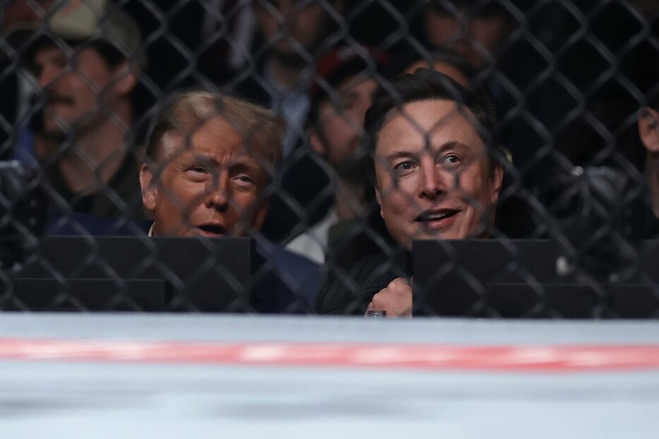 米総合格闘技「UFC　309」を観戦するトランプ氏（左）とイーロン・マスク氏。選挙戦を通じて蜜月関係が深まり、トランプ次期政権では「政府効率化省」のトップにマスク氏が指名された＝2024年11月16日（写真：AP／アフロ）