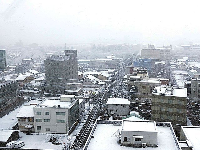 雪が降りしきる富山市内＝２３日午前７時２０分ごろ、富山市安住町の北日本新聞社から