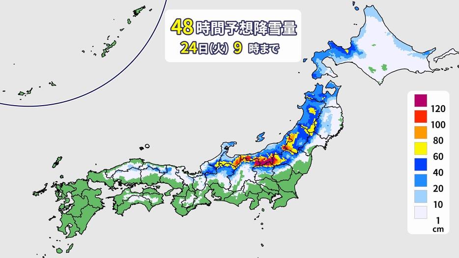 予想降雪量(24日(火)午前9時まで)