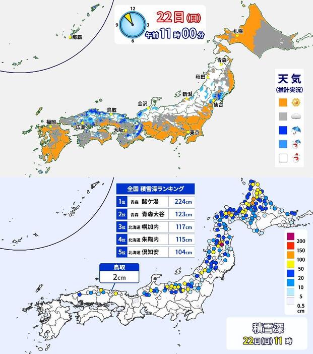 22日(日)午前11時現在の推計気象分布と積雪