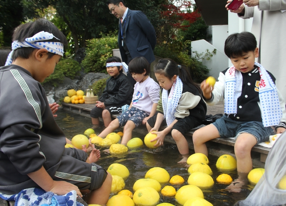 爽やかな香りを楽しみながら足湯に漬かる園児＝20日、別府市北石垣の大分香りの博物館