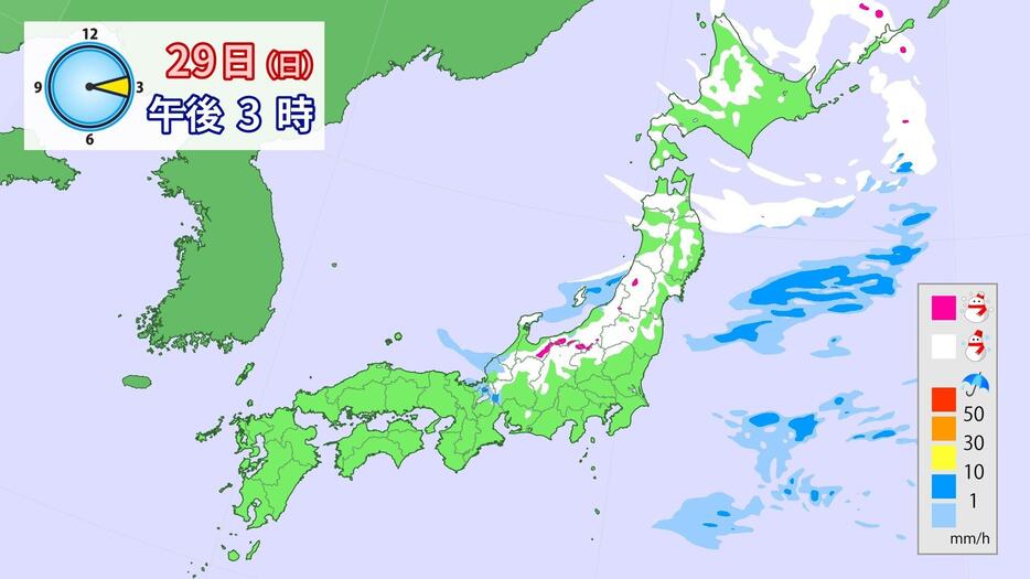 29日(日)午後3時の雪の予想