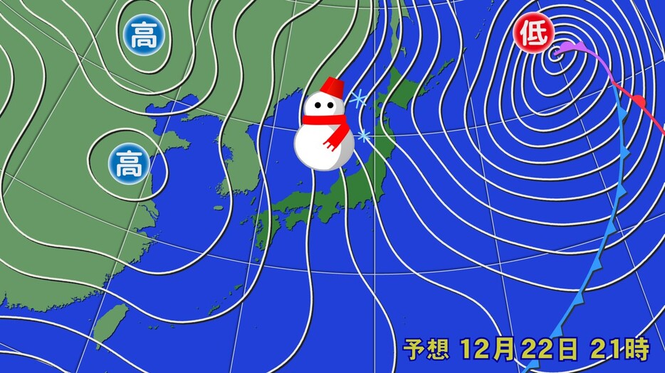 【強い冬型】予想天気図(22日(日)午後9時)