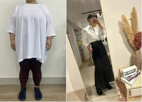 ダイエット前はオーバーサイズの服で体型を隠していたが、今はウエストインもできるように