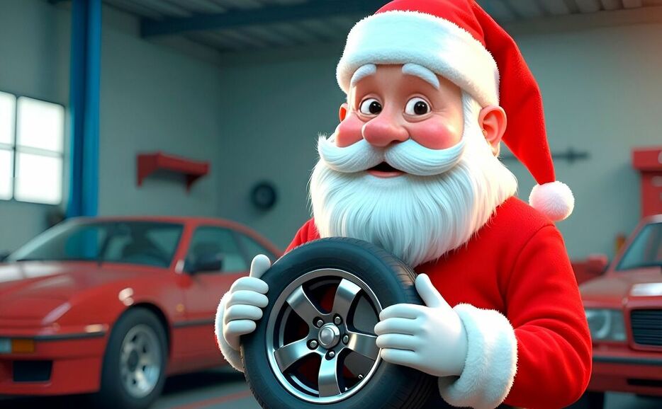 メリー・クリスマス！ サンタが自動車整備工場からクイズをお届け。トヨタ、ホンダ、日産のうち海外比率がもっとも高いのはどこでしょうか？（イラスト：allachesno / PIXTA）