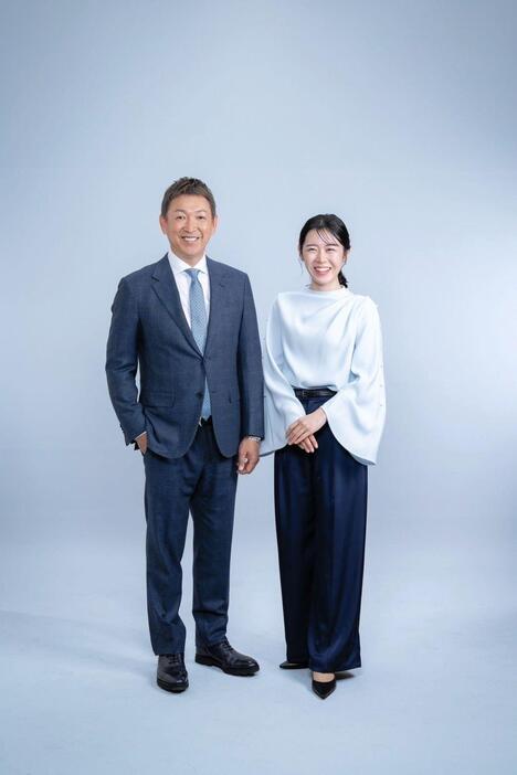 　オフィスビバーチェとエージェント契約を結んだ立浪和義氏（左）と加藤愛アナウンサー（右）