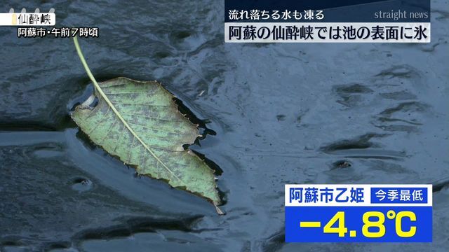 仙酔峡では池の表面が凍る(9日午前7時頃・阿蘇市)