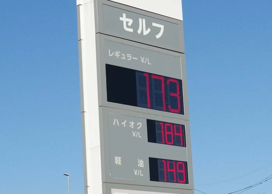 12月18日時点でのレギュラーガソリン全国平均価格は175.8円/Lで、6週連続の値上がり。12月19日に筆者が訪れた、さいたま市のガソリンスタンドではハイオクが売り切れだった（写真　筆者撮影）。