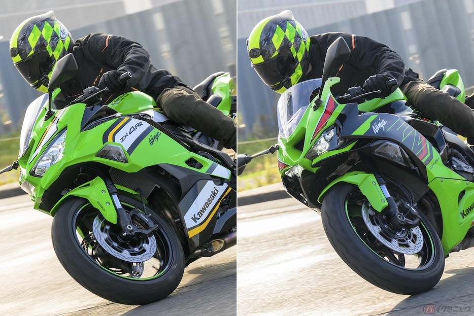 左：Ninja ZX-4RRは上半身の前傾がゆるやか / 右：Ninja ZX-6R